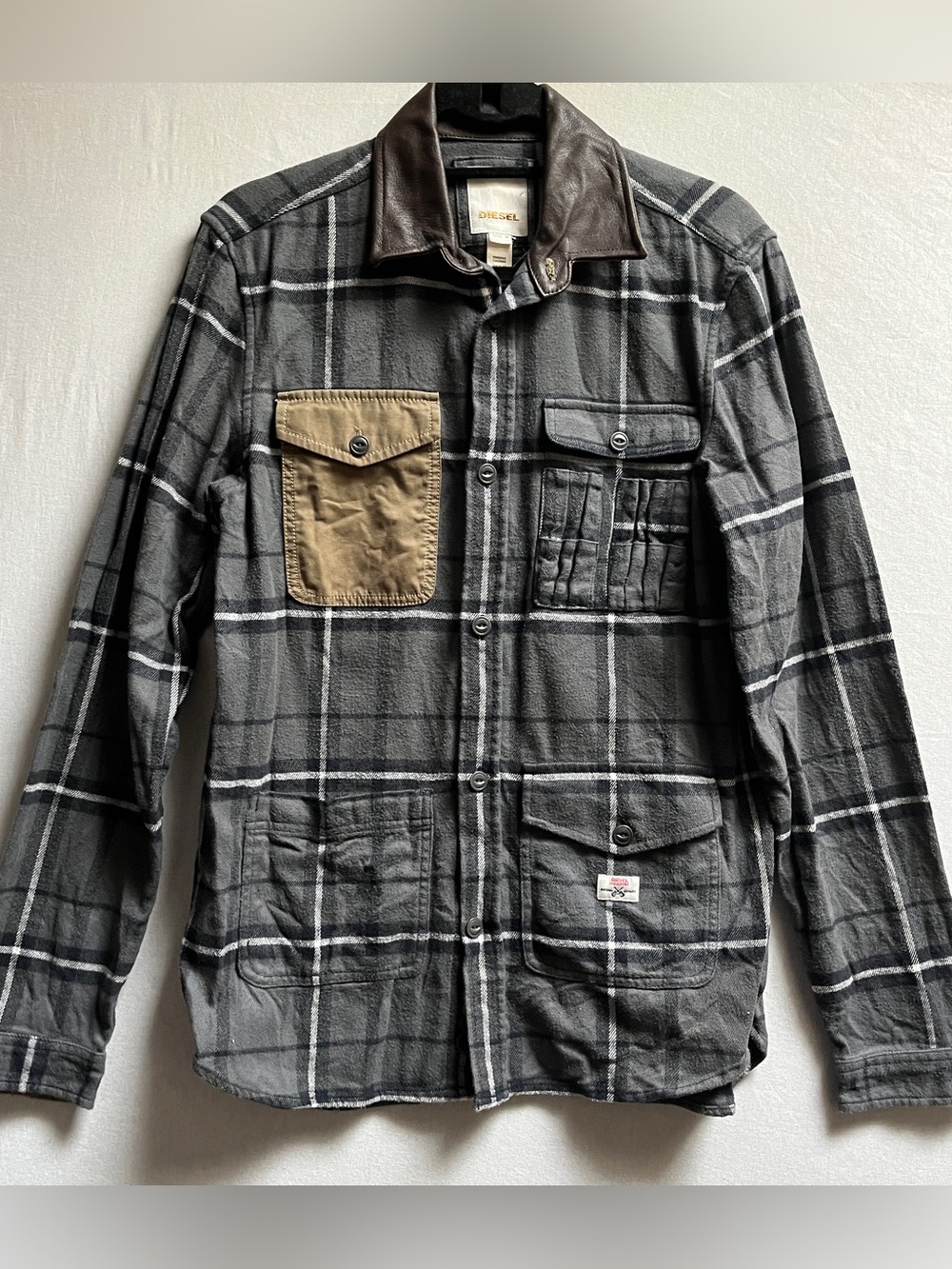 Diesel Plaid Flannel Shirt Jacket Leather Collar Shacket Gray Black S